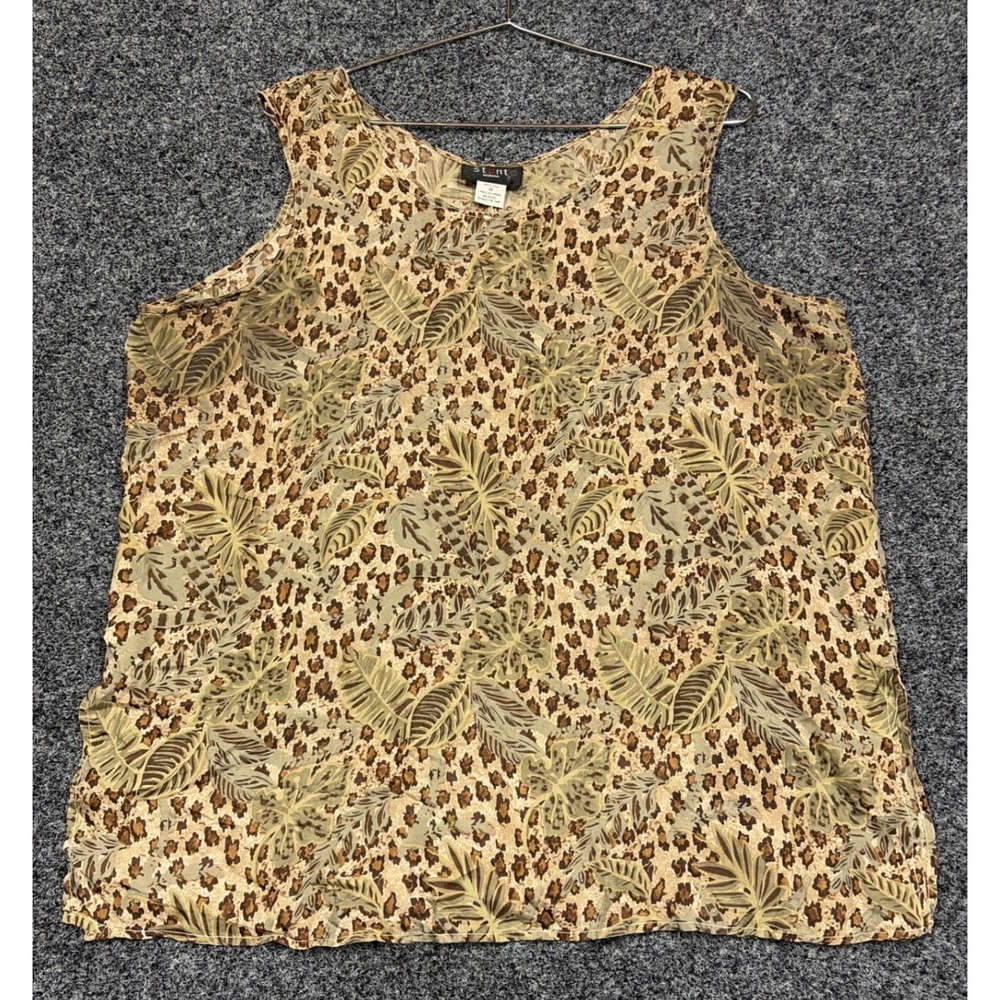Stunt Woman Tank Top Womens 1X Brown Silk Leopard Tropical Leaf Print Blouse SEO